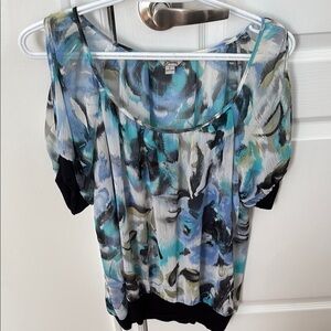Guess Teal Blue Floral Cold-Shoulder Top